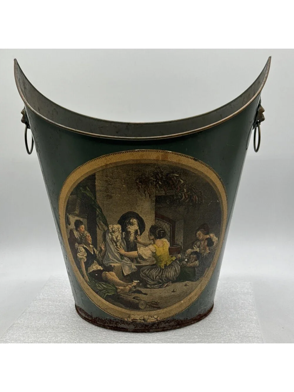 Vintage Green Tole Tin Waste Basket Lion Head Handles Découpage French Scene
